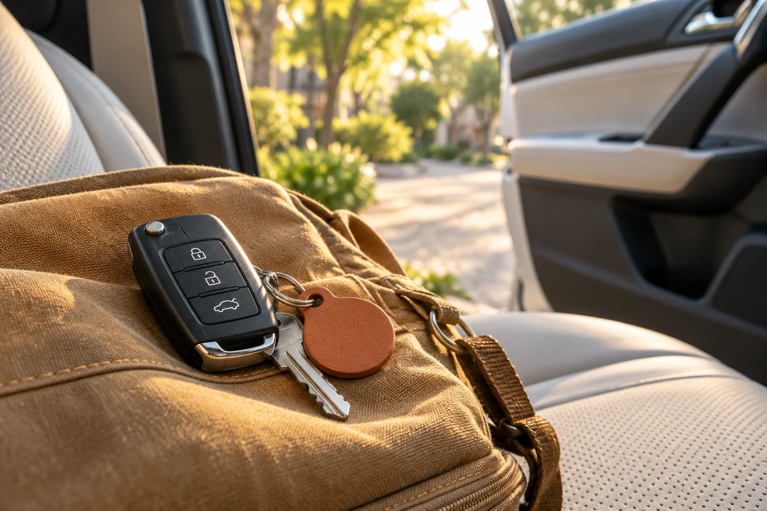 Illustrative car key and fob on a passenger seat